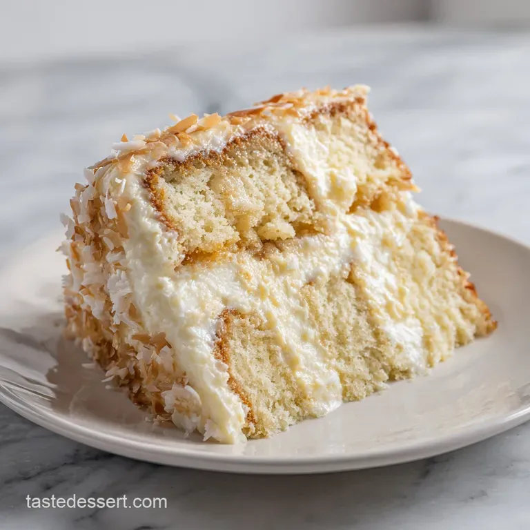 A slice of tall white cake on a plate shows layers of cheesecake and airy frosting, chocolate dusting adds elegance.