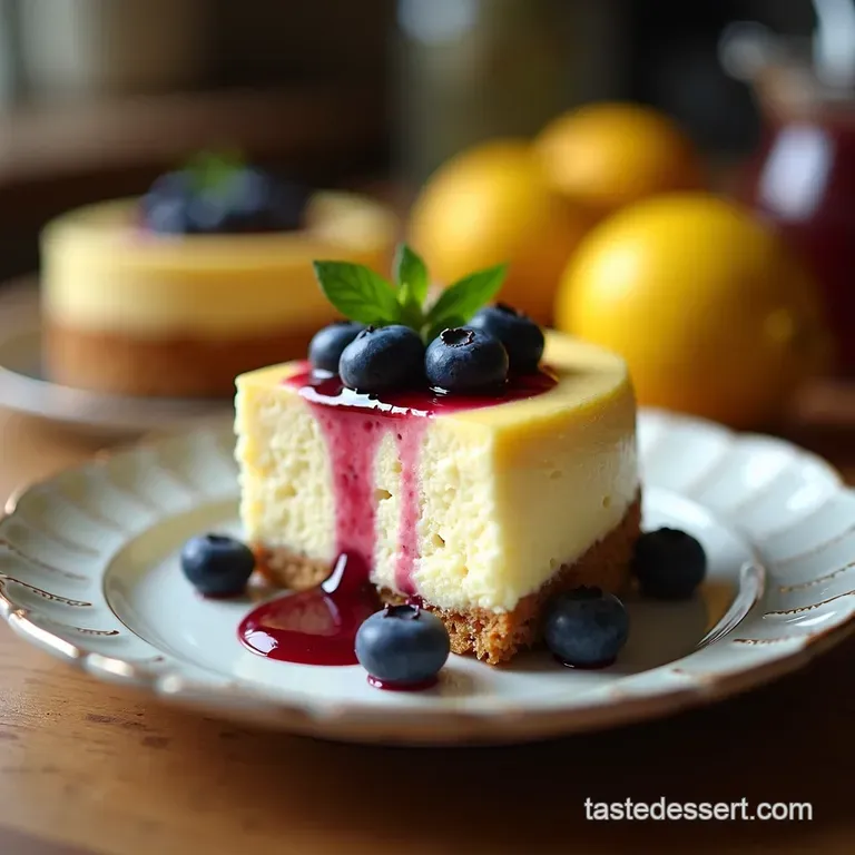 Sunshine State Lemon Cheesecake with a Crumbly Biscuit Base and Fresh Blueberry Swirl presentation