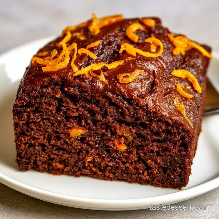 A slice of moist dark chocolate cake on a white plate with fresh orange segments and a swirl of whipped cream
