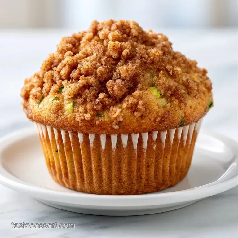 Three moist muffins stacked on a white ceramic platter, topped with golden cinnamon crumbs and fresh mint leaves