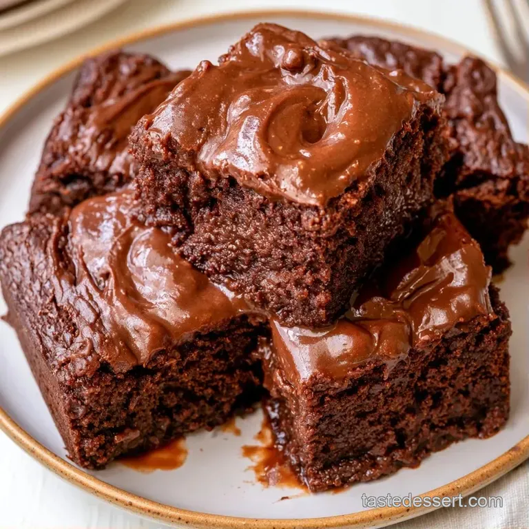 A neat square of dark chocolate cake topped with creamy frosting on a white plate with a sprinkle of sea salt.